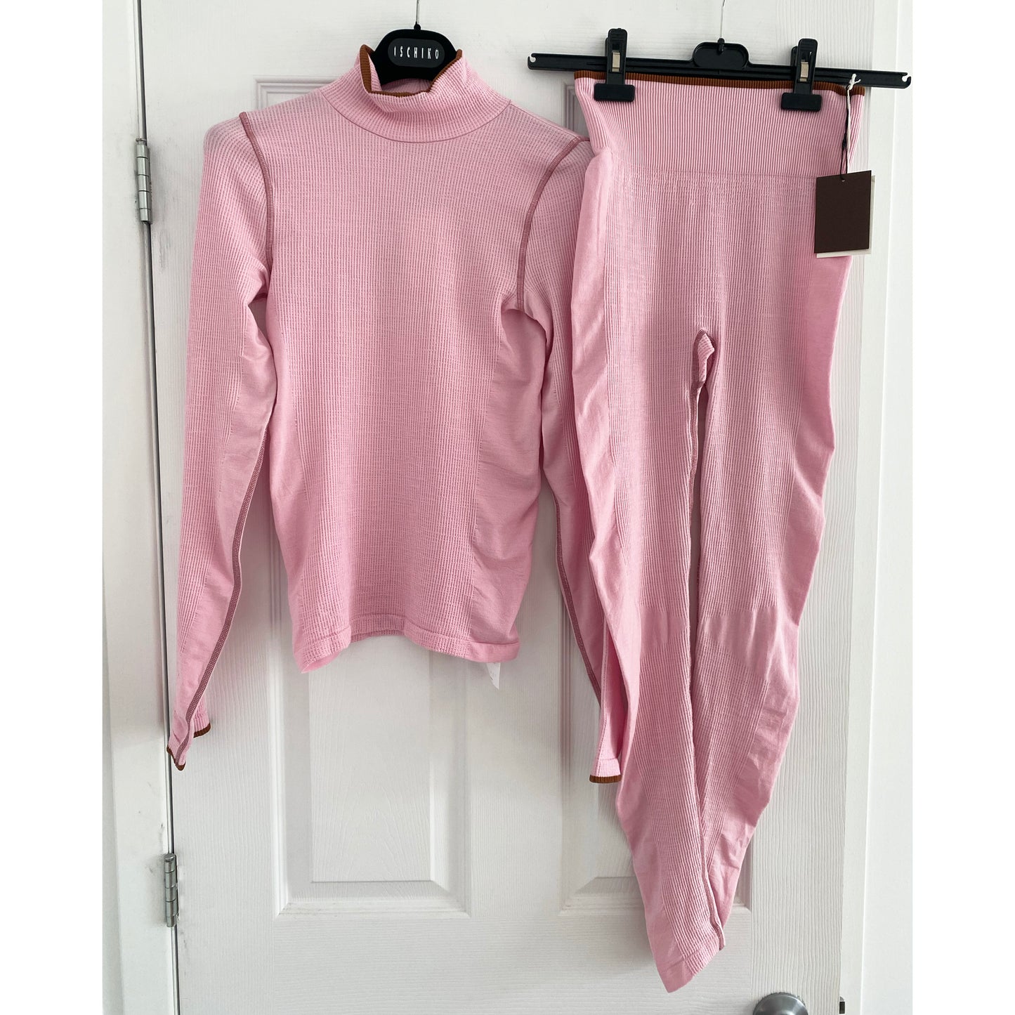 VAARA Pink Merino Base Layer Set in Pink, size Small Top, Medium Leggings