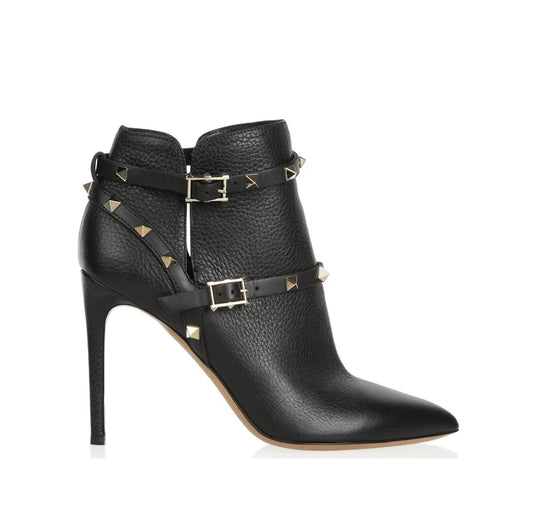 Valentino 100mm Rockstud Black Leather Boot, size 37