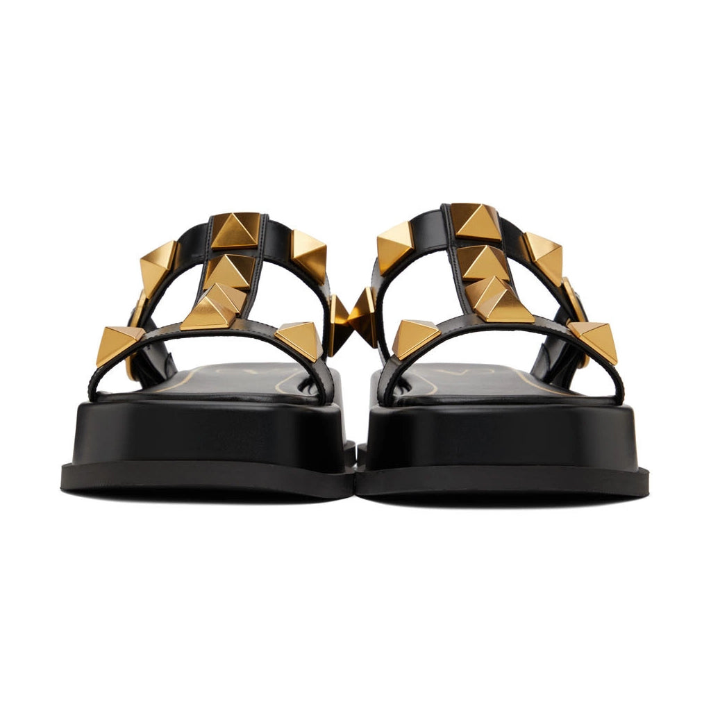 Valentino Roman Stud Platform Sandals in Black/Gold, size 42