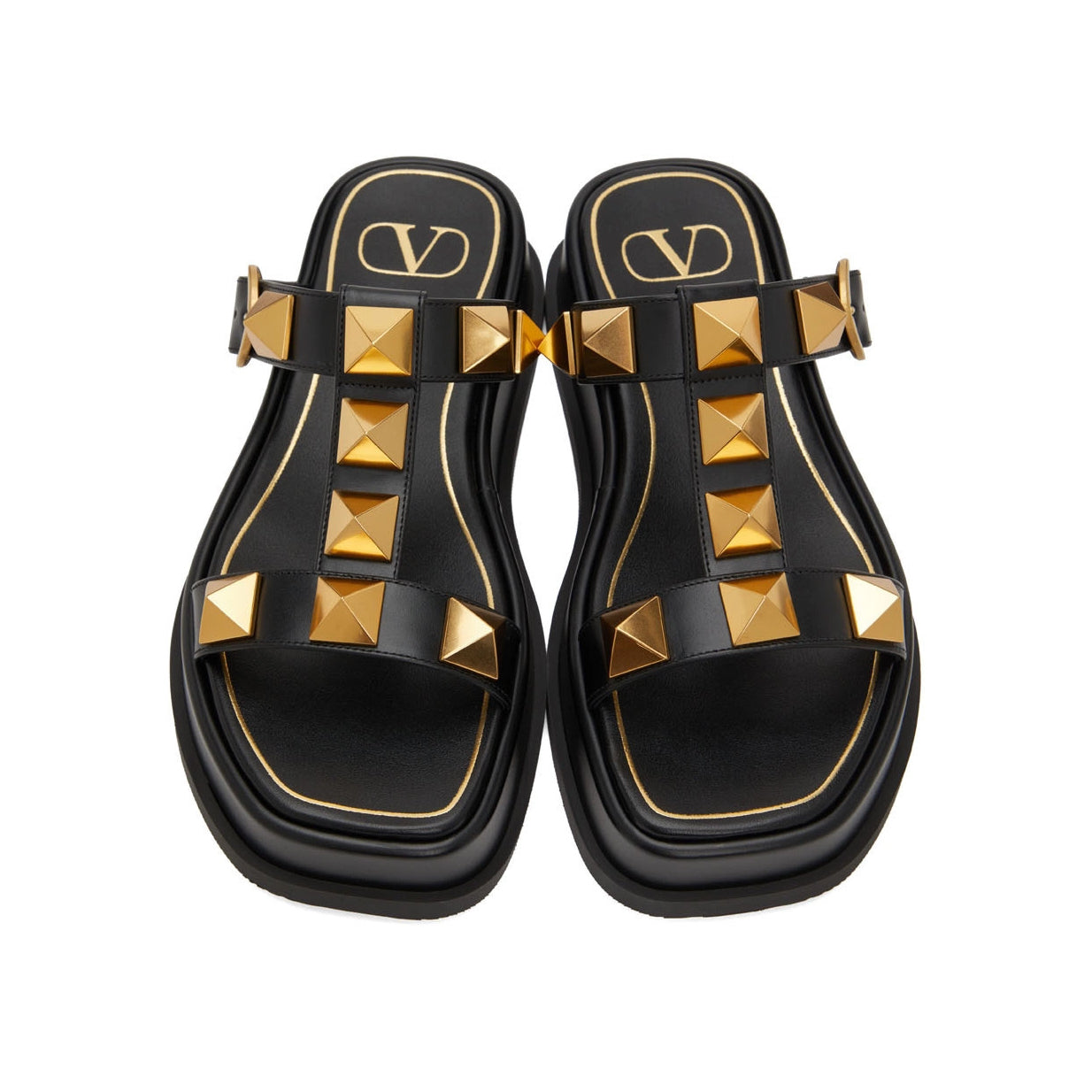 Valentino Roman Stud Platform Sandals in Black/Gold, size 42