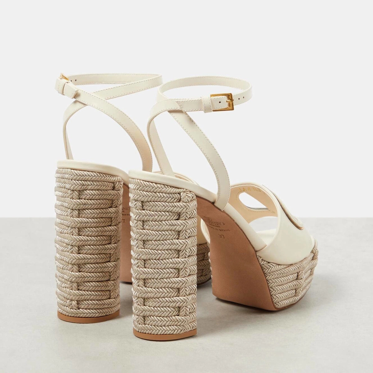 Valentino V-Logo Platform Sandals in Light Ivory/Antique Brass, size 39