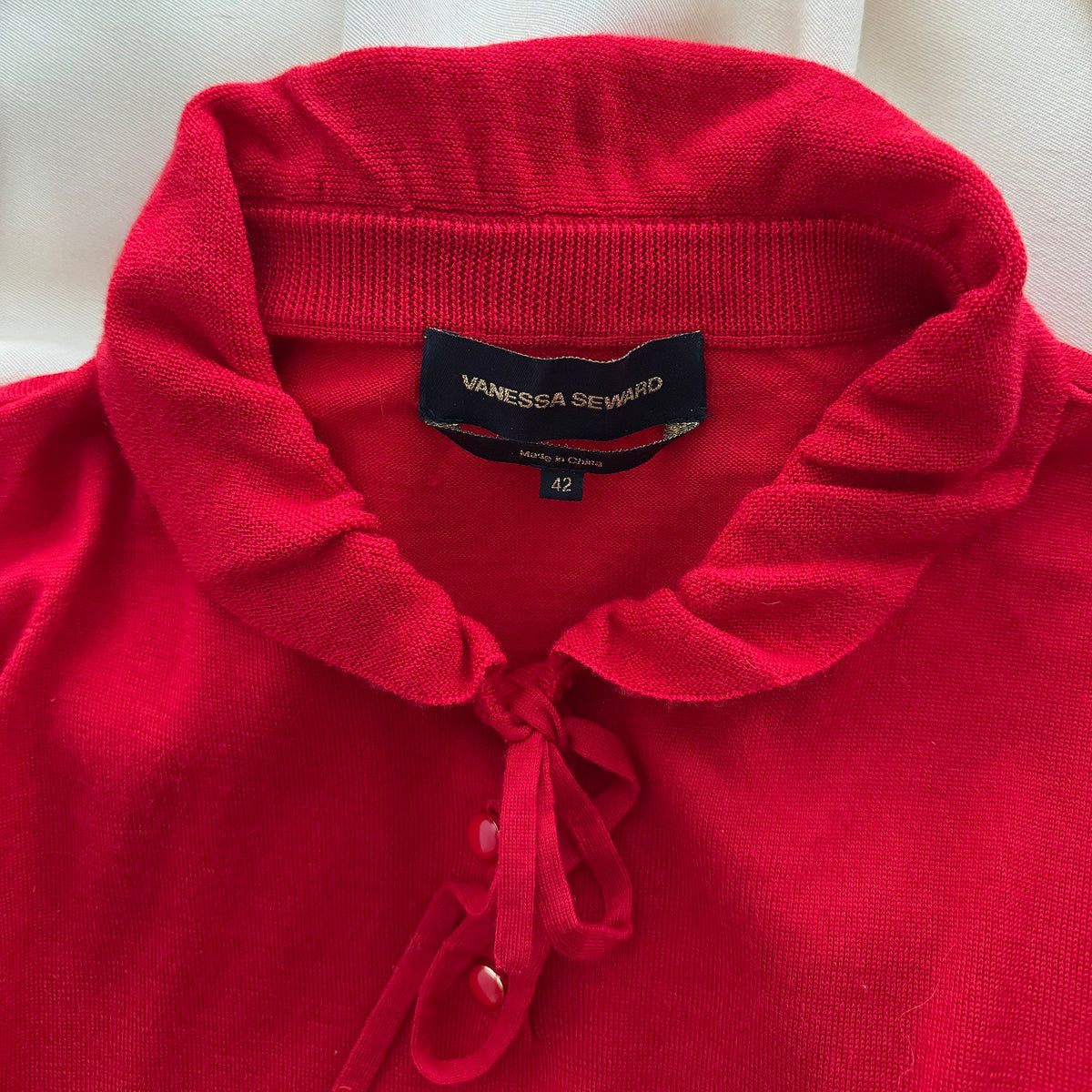 Vanessa Seward Wool Knit Top with Ruffle Collar in Red, size 42 (fits size 8)