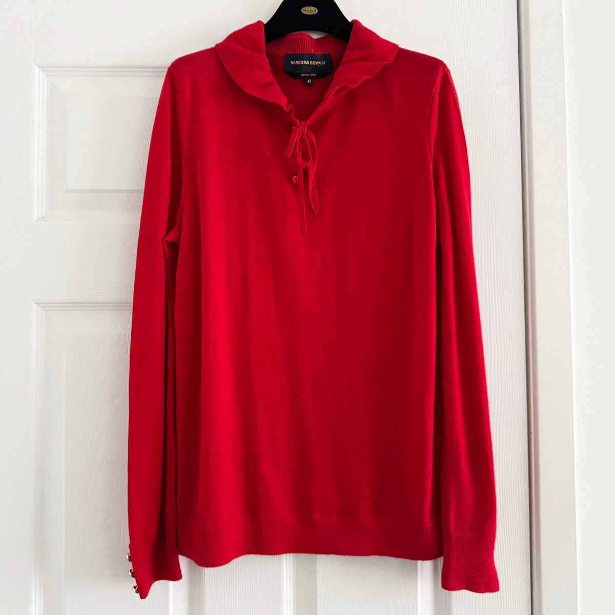 Vanessa Seward Wool Knit Top with Ruffle Collar in Red, size 42 (fits size 8)