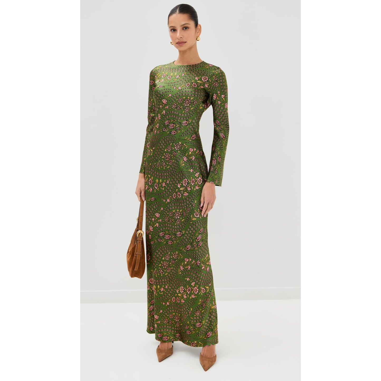 Veronica Beard "Gemma" Floral Silk Long Sleeve Dress in Green, size 6