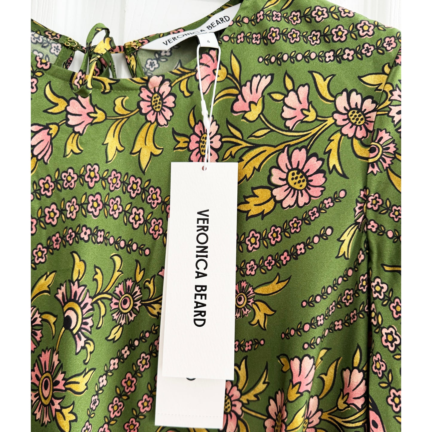 Veronica Beard "Gemma" Floral Silk Long Sleeve Dress in Green, size 6