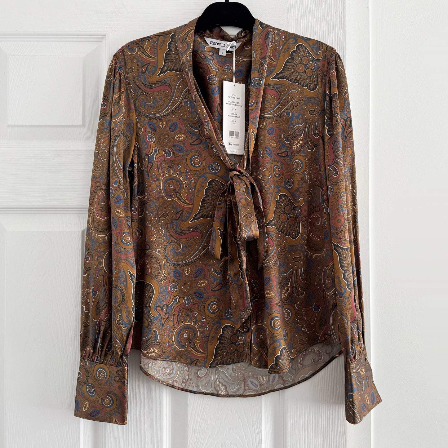 Veronica Beard "Francine" Paisley Stretch Silk Blouse in Brown, size 6
