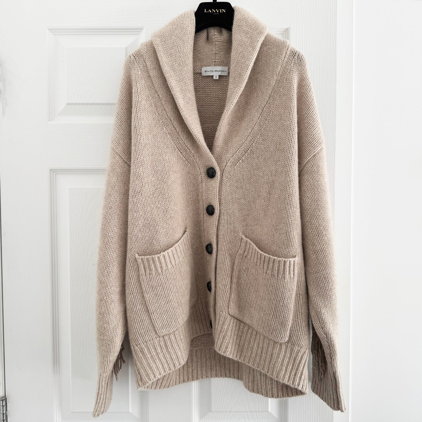 White + Warren Fringe Trim Wool/Cashmere Cardigan in Beige, size Medium