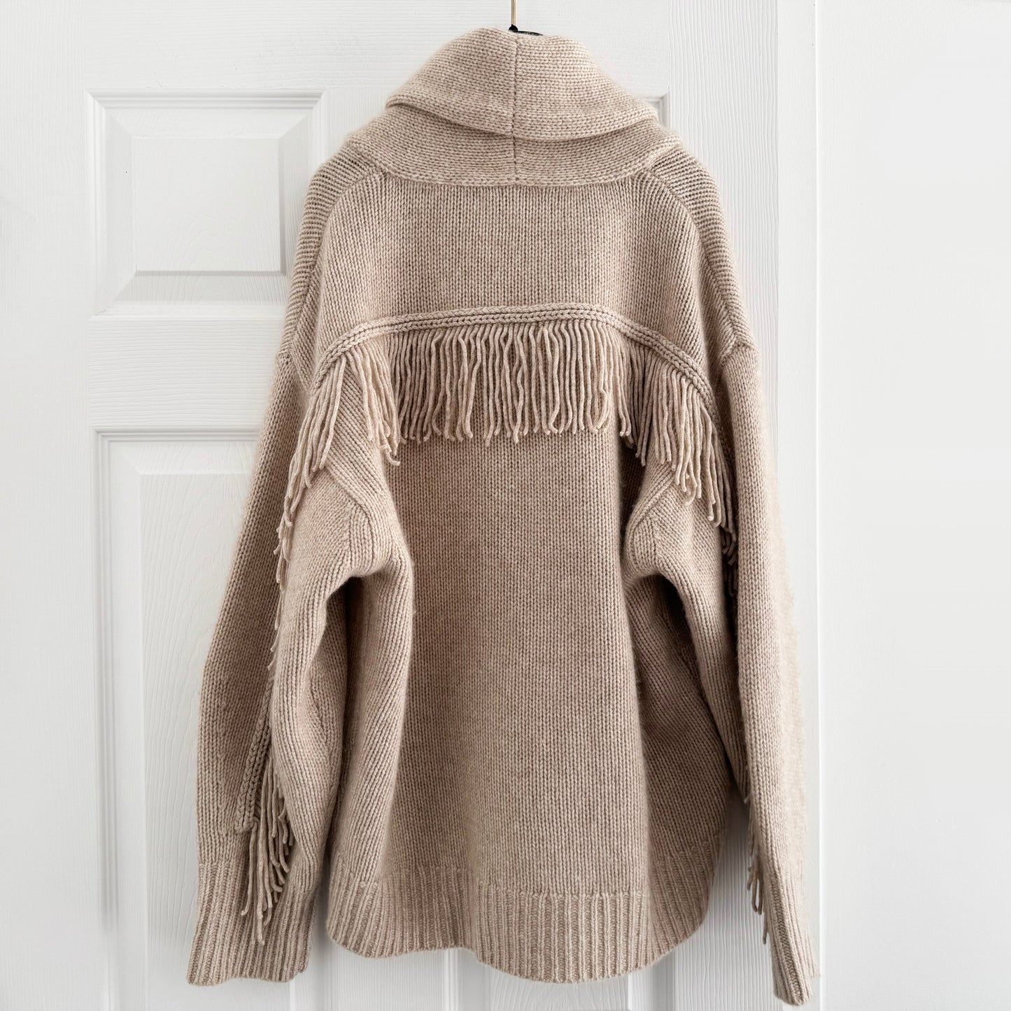 White + Warren Fringe Trim Wool/Cashmere Cardigan in Beige, size Medium