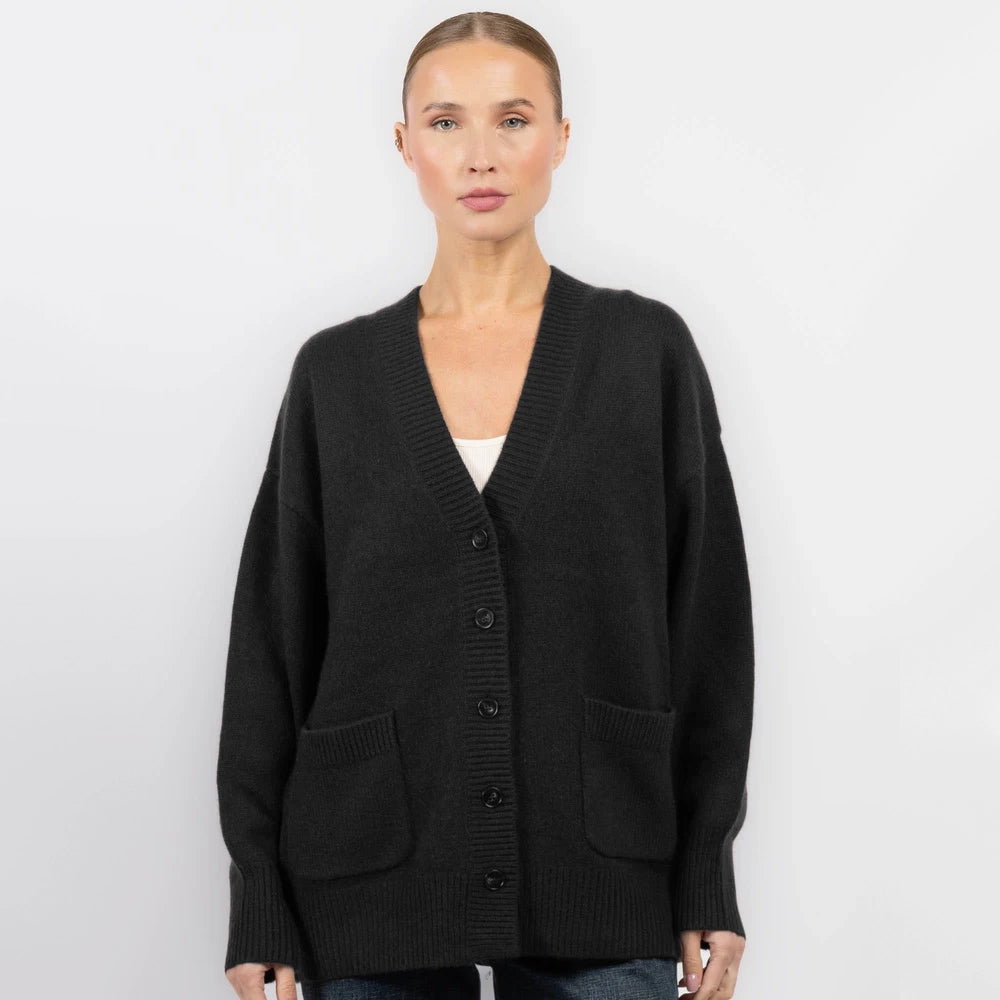 White + Warren Luxe Pocket Cashmere Sweater in "Black", Size Medium