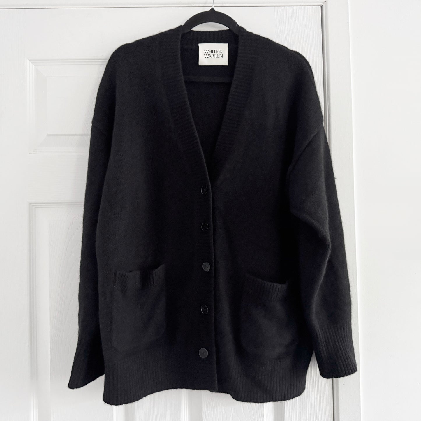 White + Warren Luxe Pocket Cashmere Sweater in "Black", Size Medium