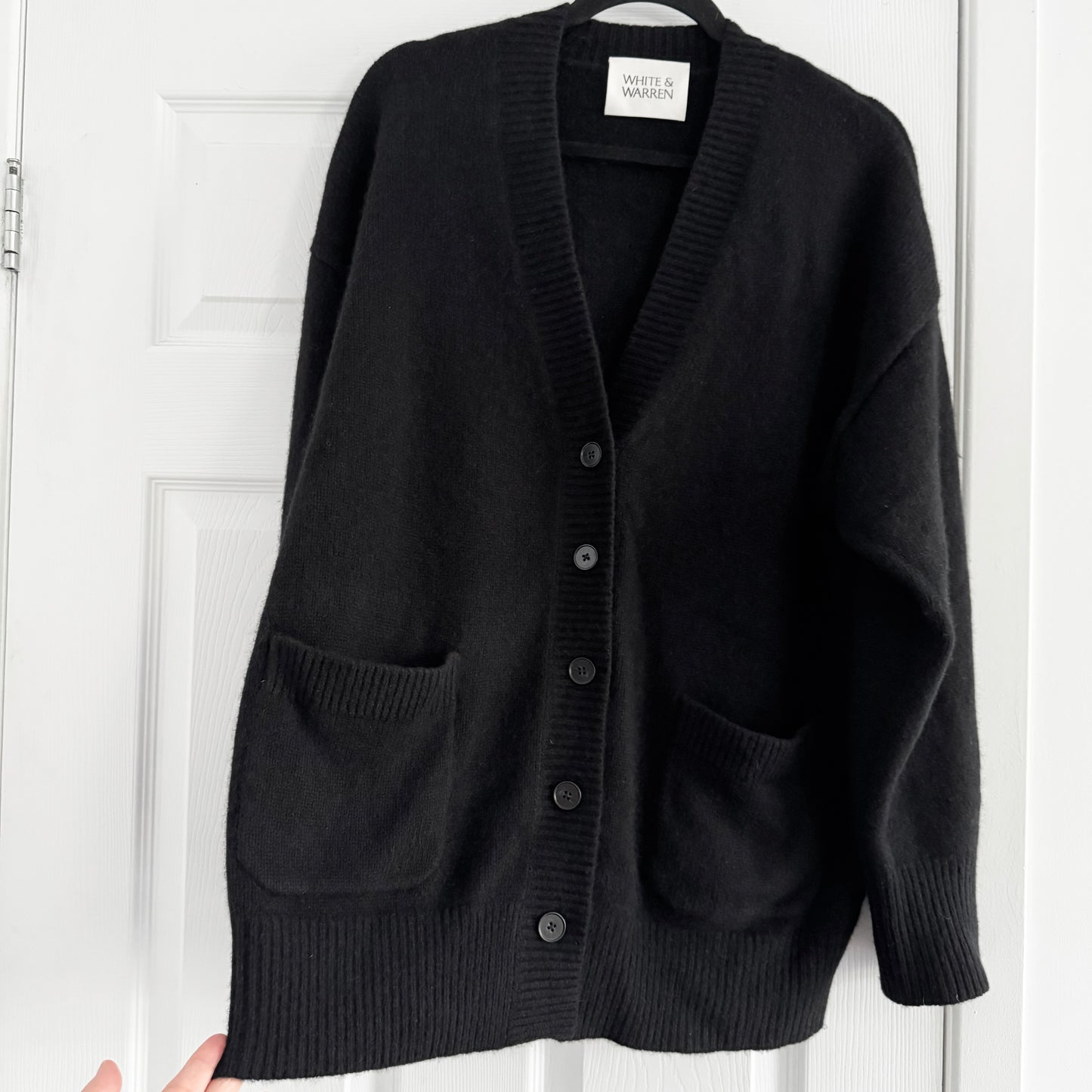 White + Warren Luxe Pocket Cashmere Sweater in "Black", Size Medium