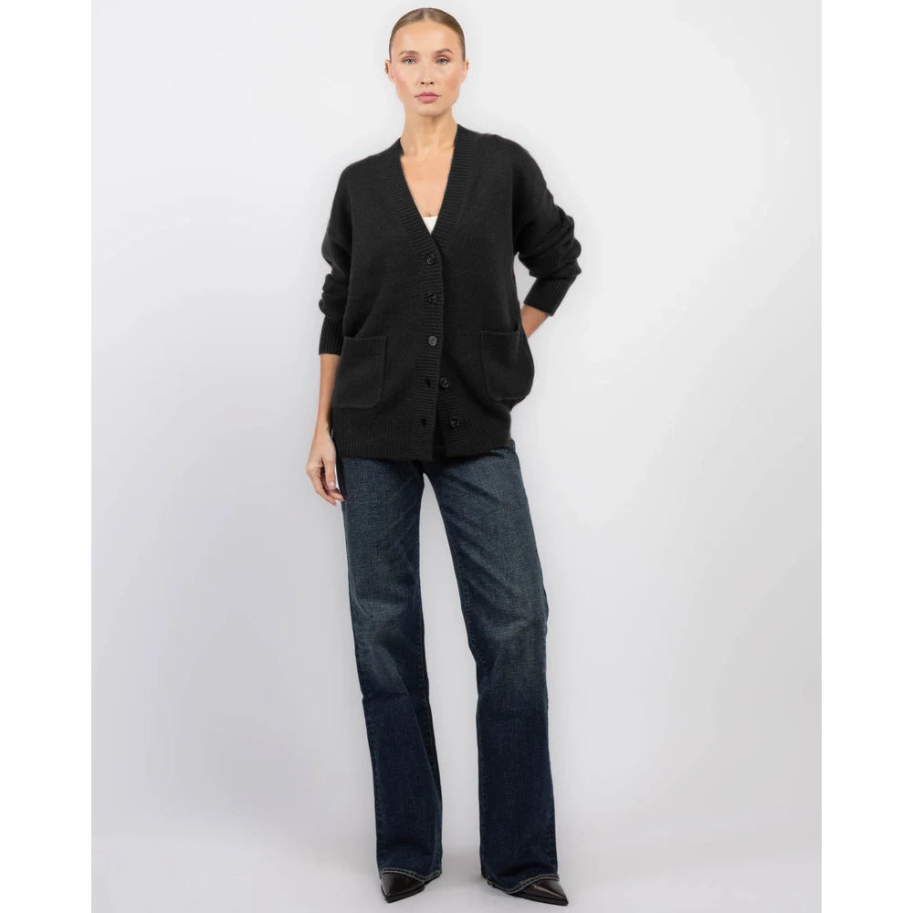 White + Warren Luxe Pocket Cashmere Sweater in "Black", Size Medium