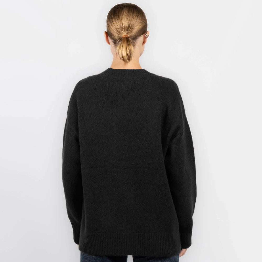White + Warren Luxe Pocket Cashmere Sweater in "Black", Size Medium