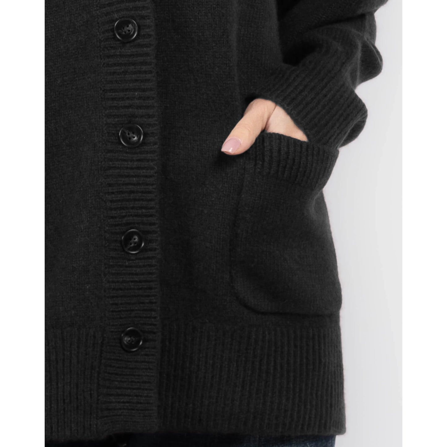 White + Warren Luxe Pocket Cashmere Sweater in "Black", Size Medium