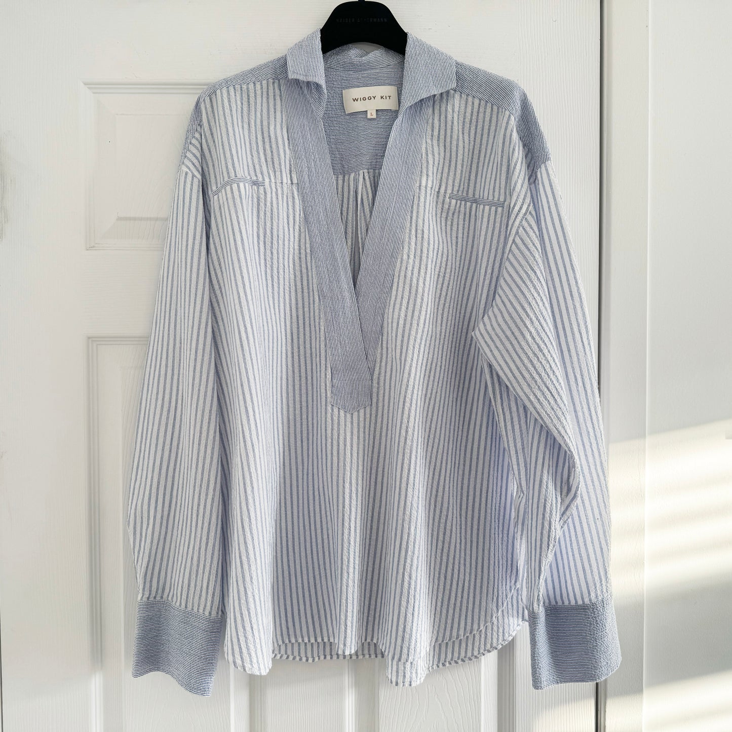 Wiggy Kit "Tom Tom" Seersucker Stripe Shirt in Blue, size Large (fits L/XL)