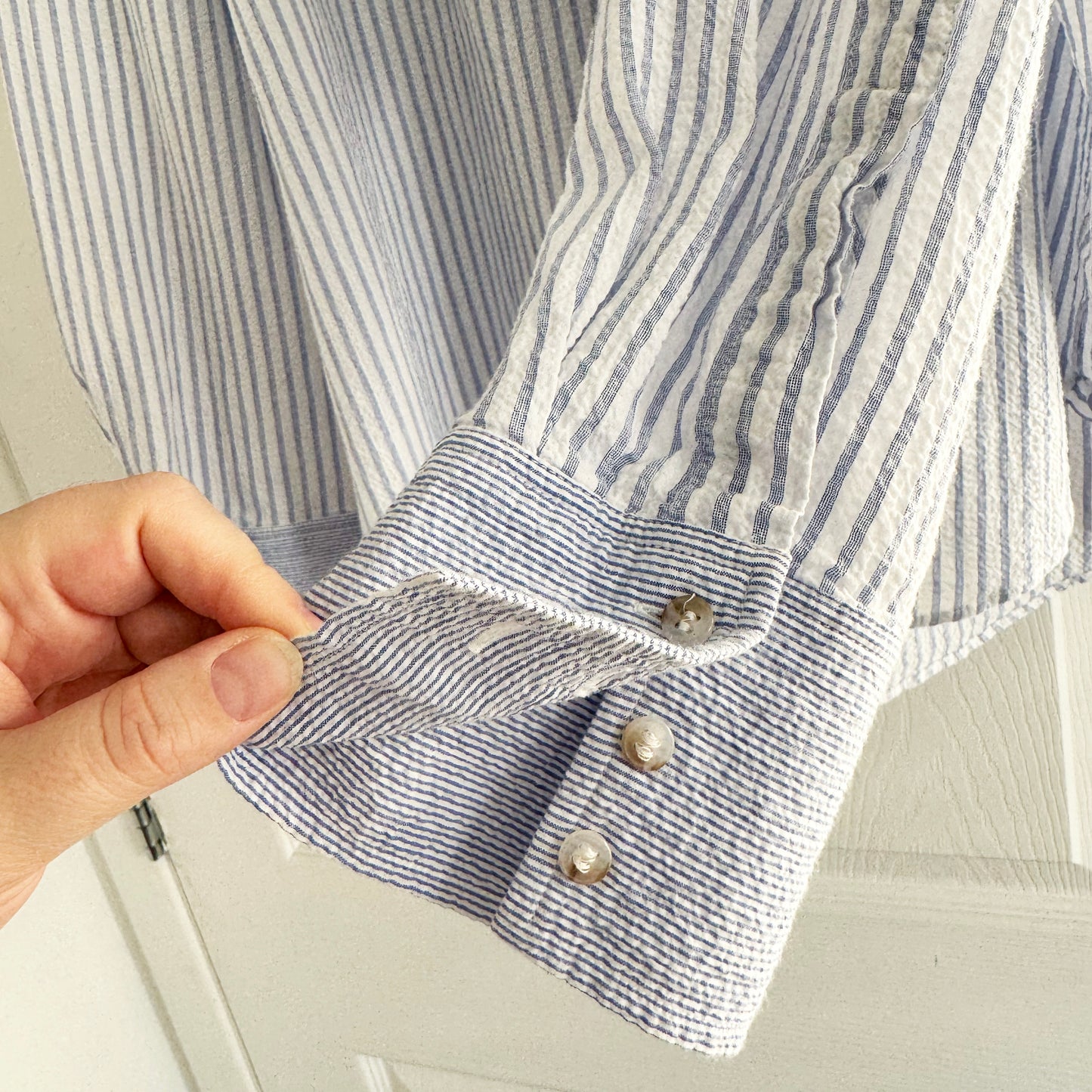 Wiggy Kit "Tom Tom" Seersucker Stripe Shirt in Blue, size Large (fits L/XL)