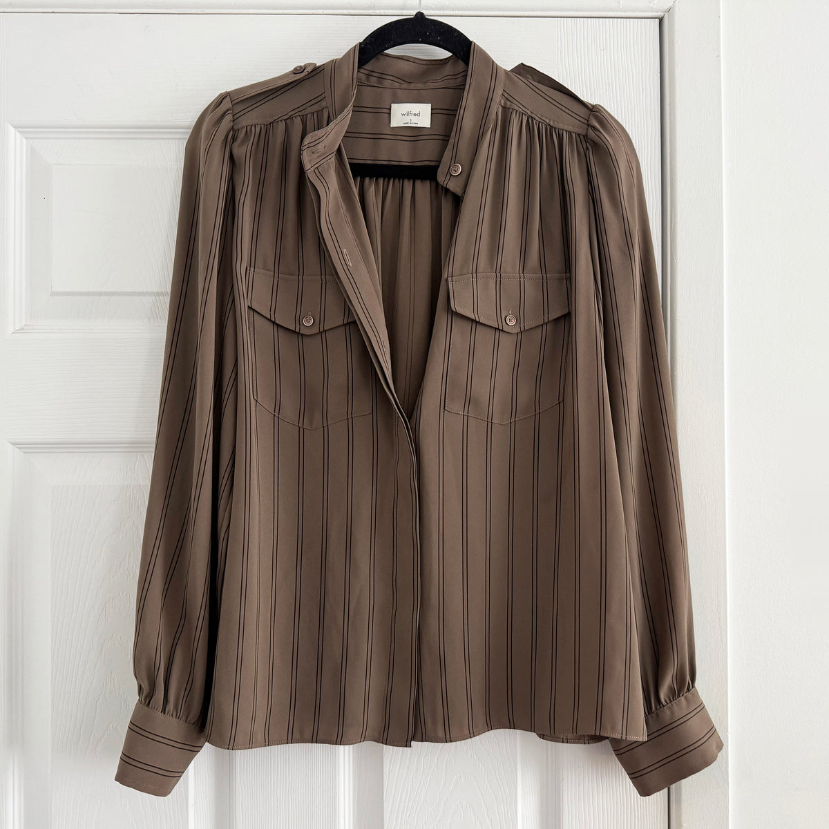 Wilfred "Overture" Crepe Blouse in Taupe/Brown Stripe, size Small