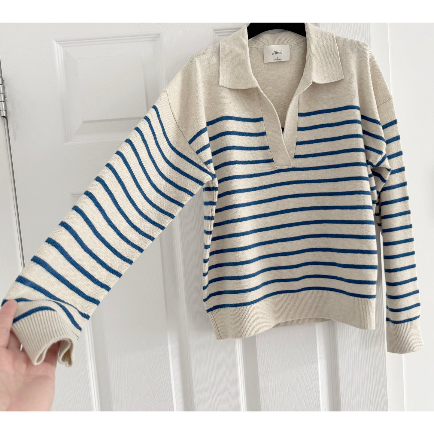 Wilfred "Clara" Merino/Cotton Blend Striped Sweater in Oatmeal/Blue, size Small