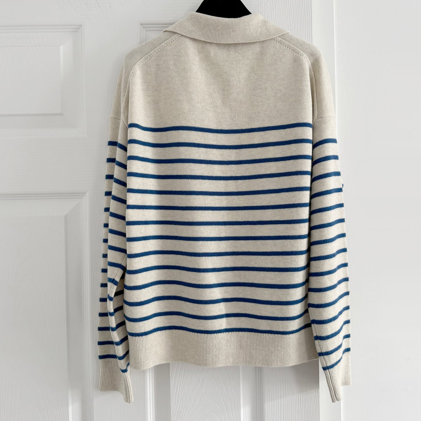 Wilfred "Clara" Merino/Cotton Blend Striped Sweater in Oatmeal/Blue, size Small