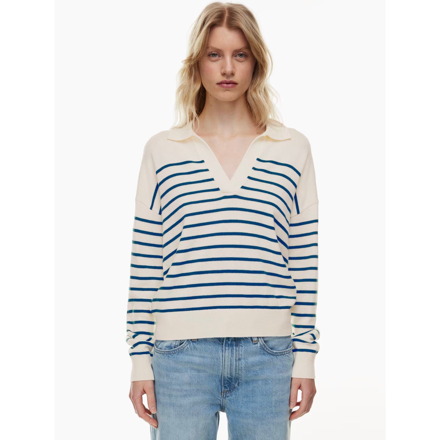 Wilfred "Clara" Merino/Cotton Blend Striped Sweater in Oatmeal/Blue, size Small