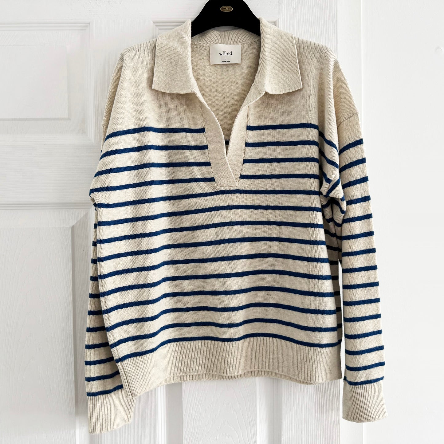 Wilfred "Clara" Merino/Cotton Blend Striped Sweater in Oatmeal/Blue, size Small