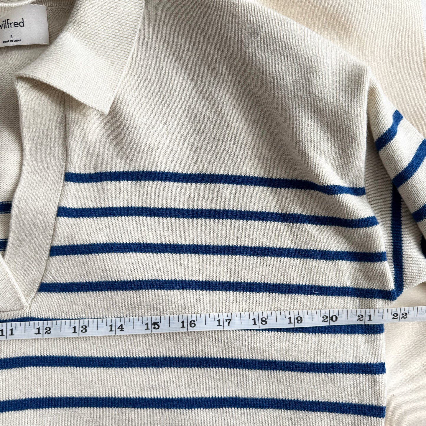 Wilfred "Clara" Merino/Cotton Blend Striped Sweater in Oatmeal/Blue, size Small