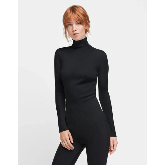 WOLFORD Ribbed Long Sleeve Turtleneck in Black, size Small