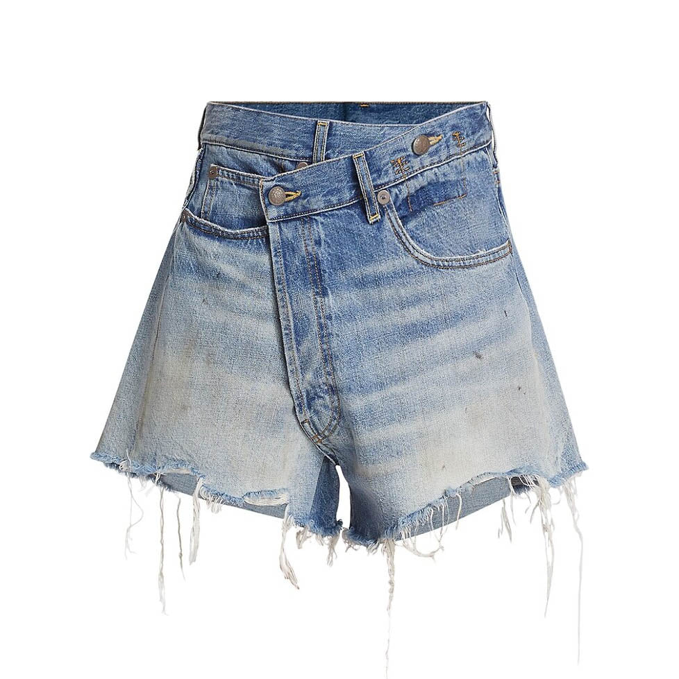 R13 Crossover Asymmetric Distressed Jean Shorts in "Turner Blue", size 29