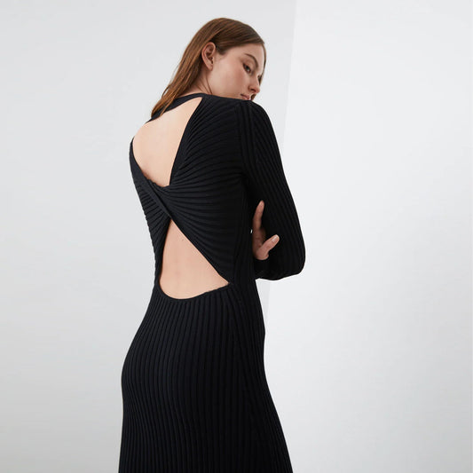 CAES Open-Back Ribbed-Knit Midi Dress in Black, size Large (fits M/L)