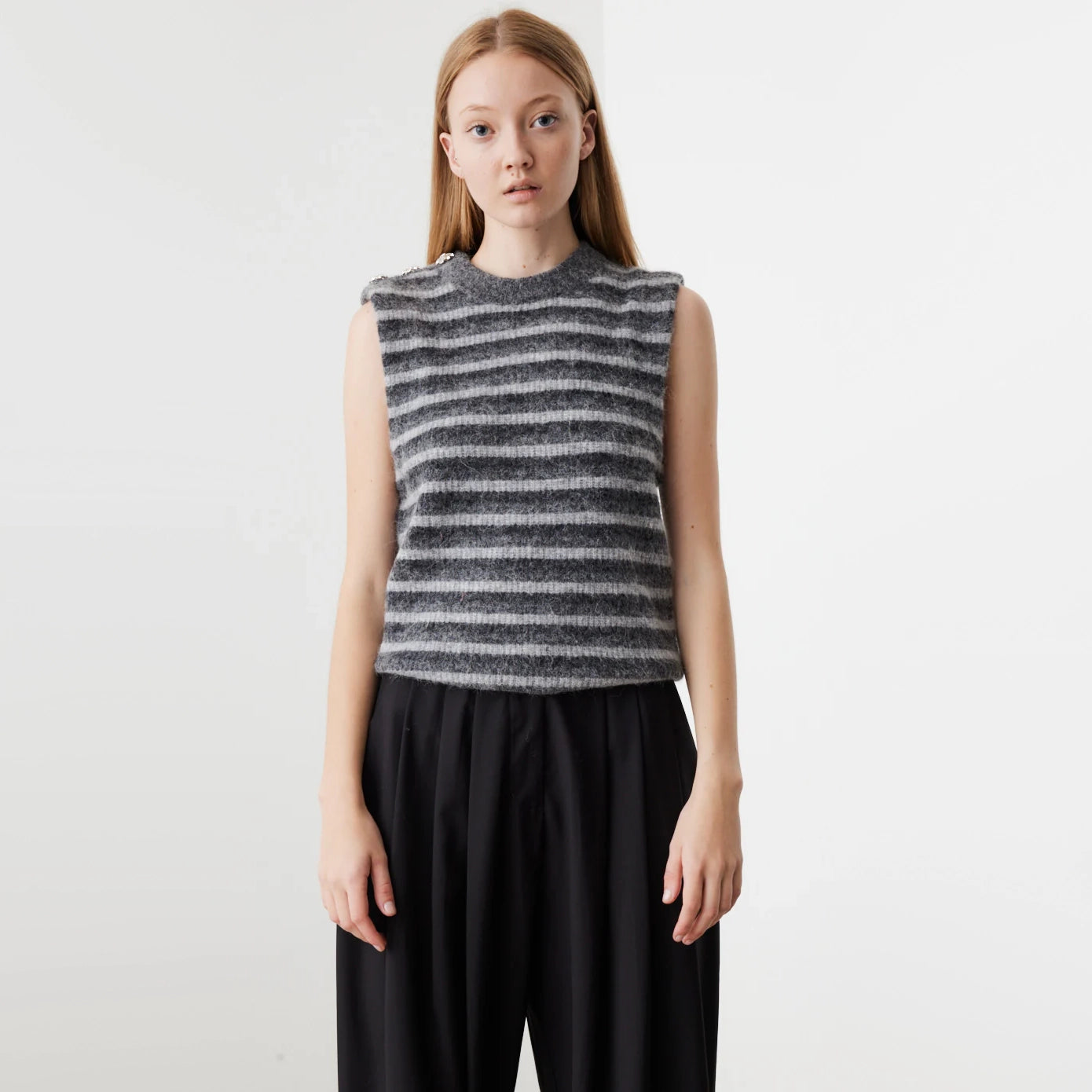 Ganni Striped Sleeveless Knit in Paloma Grey, size Small