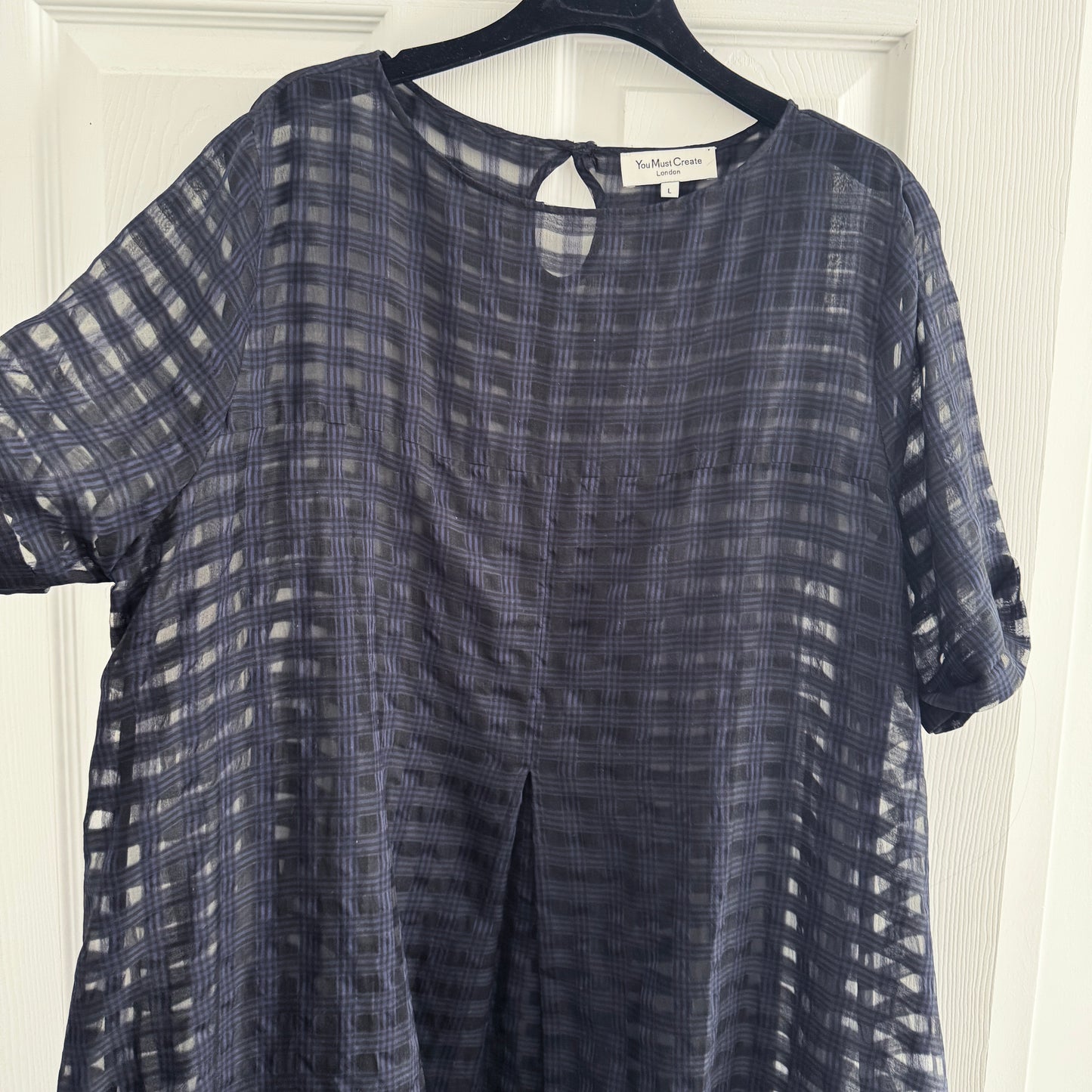 You Must Create "Cruz" Big Pleat Gingham Dress in Navy, size Large