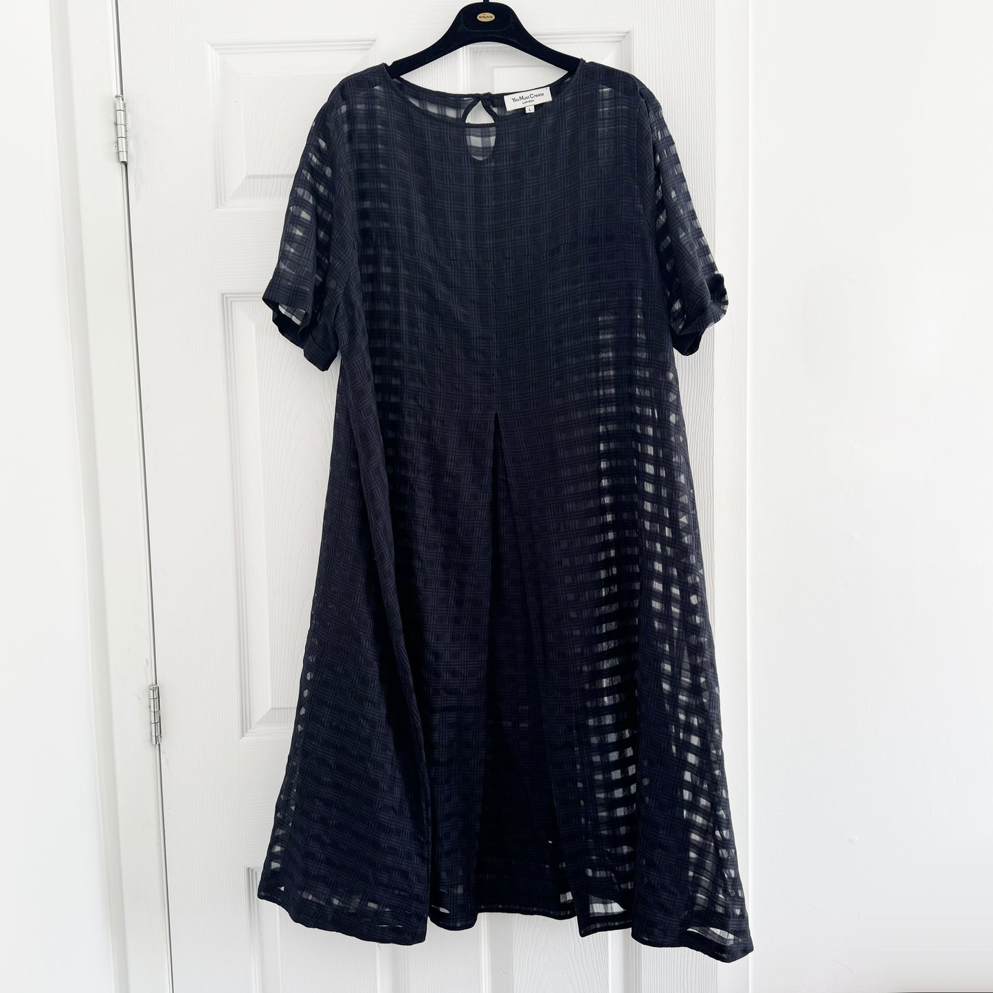 You Must Create "Cruz" Big Pleat Gingham Dress in Navy, size Large