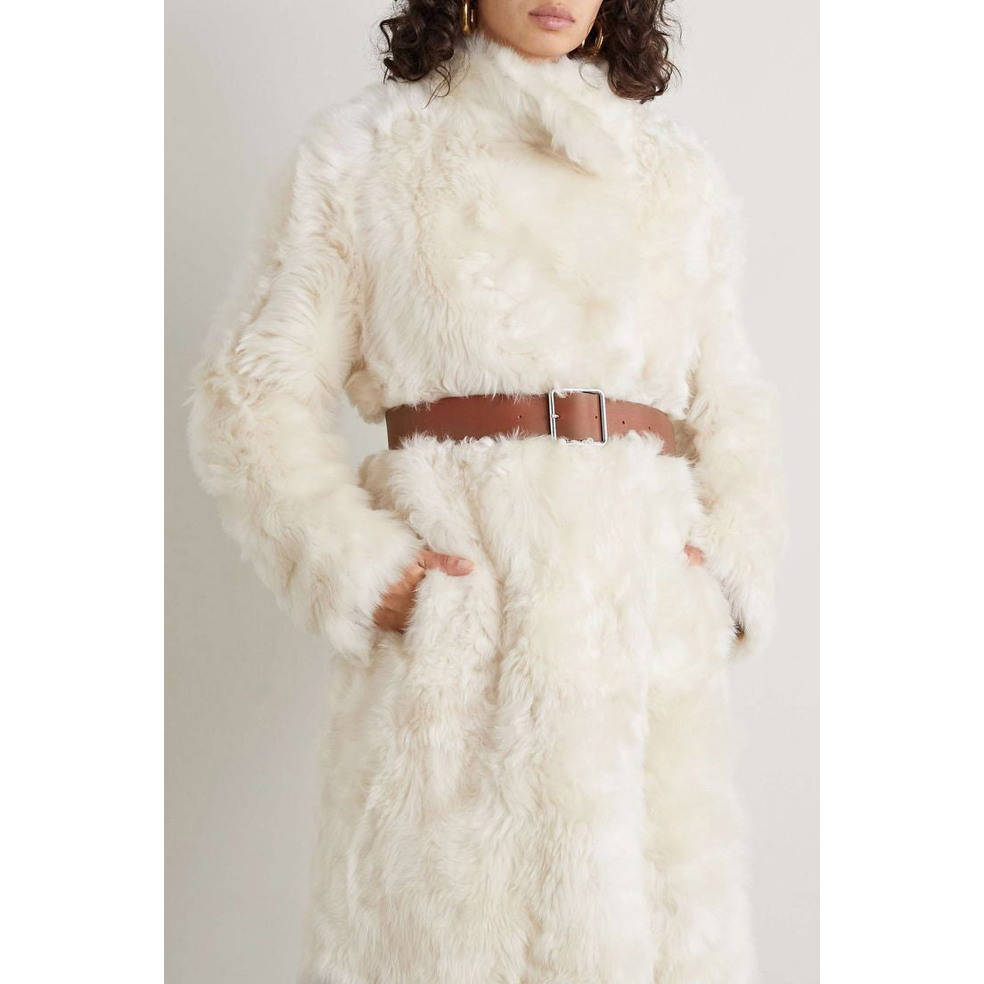 Yves Salomon Ivory Lamb Fur Coat w Belt, size 38 (fits 4/6)