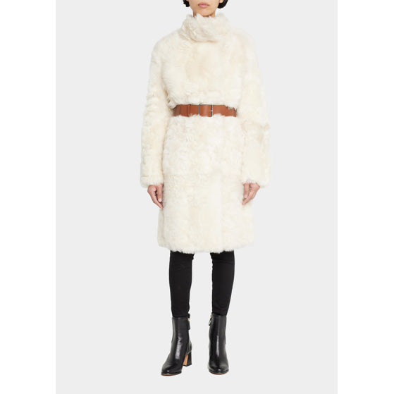 Yves Salomon Ivory Lamb Fur Coat w Belt, size 38 (fits 4/6)