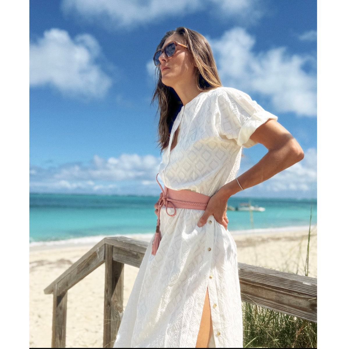 Zandra Stone "Bari" Button Side Cotton Dress in Ivory, size Medium