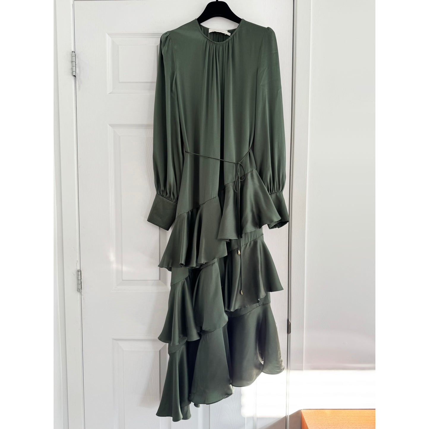 Zimmermann "Espionage" Tiered Satin Dress in Green, size "1"