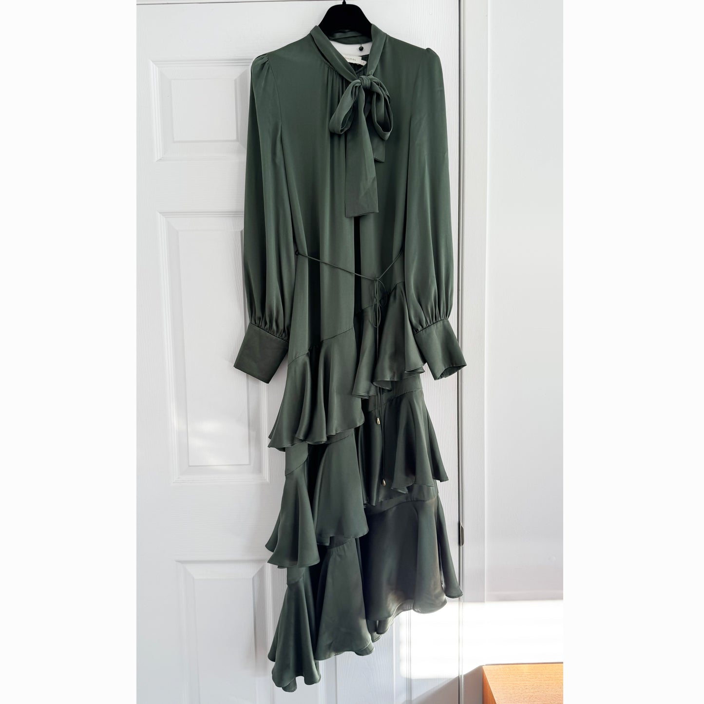 Zimmermann "Espionage" Tiered Satin Dress in Green, size "1"